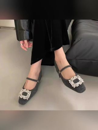 女士气质玛丽珍鞋女加绒法式晚风方头水钻呢子毛毛鞋女冬外穿单鞋#女鞋推荐