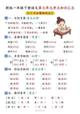 一年级下册语文第七单元考点知识点总结 完整电子版空白版可打印练习 #一年级语文下册# #第七单元# #知识点总结# #期末复习#