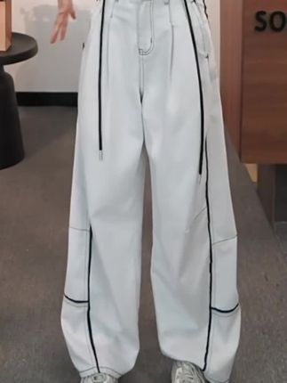 撞色拼接阔腿牛仔弯刀裤女夏季高腰宽松显瘦美式垂感直筒裤#显高显瘦显腿长 #夏季穿搭 #百搭裤子 #今天穿什么 #不挑腿型直筒裤