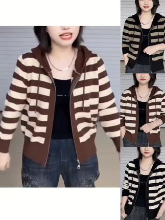 【现货】秋季网红爆款高档洋气条纹简约风休闲通勤连帽针织拉链外套#爆款 #穿搭 #美出高级感 #穿出自己的风格 #好物推荐🔥 @巨量千川 @DOU+小助手 @DOU+上热门🔥