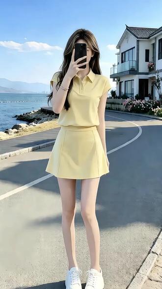 #小个子精致套装 #黄色套装穿搭 奶黄Polo领套装,显白又减龄!A字短裙藏肉,小个子穿出黄金比例。