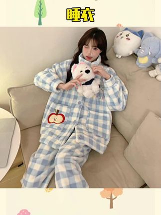 #睡衣 甜美格纹苹果高领开衫睡衣女珊瑚绒秋冬加厚法兰绒家居服套装 #格纹睡衣 #家居服套装 #加厚 #睡衣套装