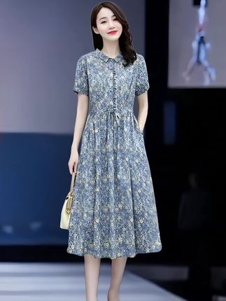 棉麻连衣裙女夏季2024新款收腰高级感休闲气质小翻领纯棉碎花裙子#碎花连衣裙 #夏季新款连衣裙 #时尚妈妈装