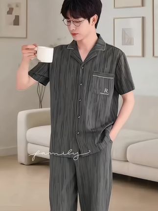 #纯棉睡衣 男夏#短袖 长裤翻领开衫宽松#家居服可外穿