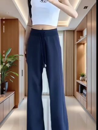 藏青色阔腿裤女小个子2025夏季新款高腰休闲卫裤窄版直筒运动裤子#阔腿裤 #休闲裤 #运动裤 #高腰显瘦 #谁穿谁好看