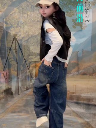 设计感破洞弯刀牛仔裤女秋季微胖显瘦窄版阔腿裤#阔腿裤#弯刀阔腿裤#牛仔裤#弯刀阔腿裤