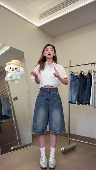 美式复古高腰四分牛仔#短裤女#夏季深蓝色#宽松休闲#百搭A字#阔腿中裤