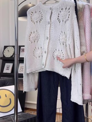 立体花朵毛衣开衫女春季2025新款韩版宽松慵懒风设计感小众针织衫#穿出高级感 #穿搭分享 #慵懒风穿搭 #韩系穿搭