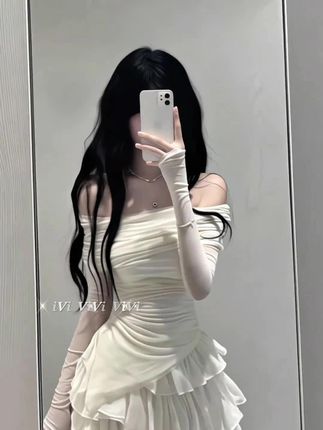 pinkmoon||防晒夏季新款露肩修身长袖上衣+蛋糕半身裙套装女