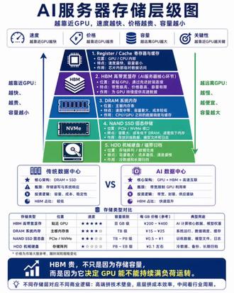 AI服务器里的存储,不是简单的“硬盘容量”。
它是一套分层系统:
越靠近GPU,速度越快、价格越贵、容量越小;
越远离GPU,速度越慢、价格越低、容量越大。
所以HBM真正的价值,不是容量,而是位置和带宽。
它离GPU最近,决定GPU能不能持续满负荷运转。
下一条讲:HBM的3D堆叠到底是怎么回事。
内容仅作产业科普,不构成投资建议。#AI科普 #人工智能 #AI服务器 #AI存储 #image