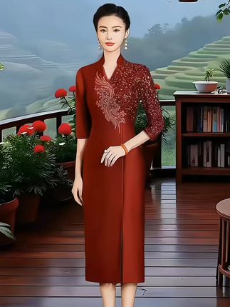 喜婆婆妈妈婚宴装春季新款酒红色高定气质婚庆礼服服装旗袍钉珠 喜婆婆妈妈婚宴装春秋季新款酒红色高定气质婚庆礼服服装旗袍钉珠#婚礼妈妈礼服 #优雅气质 #初秋一周不重样穿搭通勤穿搭如何摆脱土气感时髦就从韩系穿搭开始