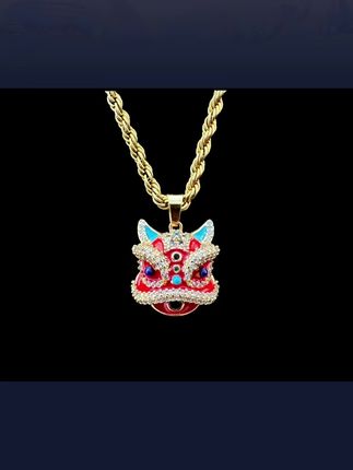 #时尚饰品 钛钢项链 重工款醒狮镶嵌锆石彩釉红色中国风小众国潮风坠链项链 #项链控 #精美饰品 #钛钢项链 #国潮风项链