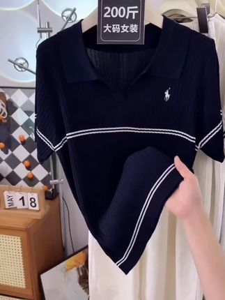 胖MM夏季韩系POLO翻领小马刺绣条纹简约高级套头针织衫女#ootd穿搭 #高级感穿搭 #穿搭 #简约穿搭 #条纹控