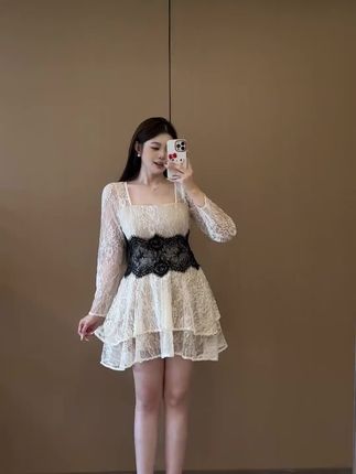 大码女装千金蕾丝撞色掐腰显瘦纯欲微胖连衣裙#时尚连衣裙#气质连衣裙#洋气连衣裙#显瘦连衣裙#百搭连衣裙