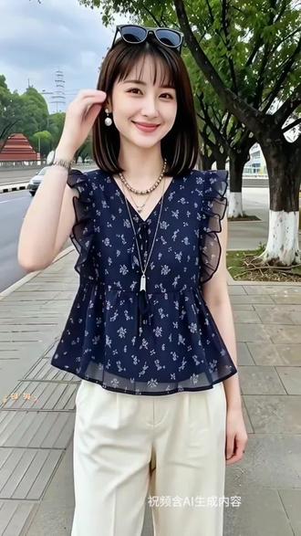 夏季新款碎花雪纺衫女小飞袖娃娃衫荷叶边无袖宽松遮肚子 #老钱风穿搭是低调显贵天花板#普通人的夏日出片穿搭#清楚系穿搭就是微胖姐妹统治区#不用力也能穿出质感的减法穿搭#夏日花衬衫的正确打开方式