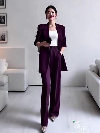 大码紫色西装套装女春夏新款胖mm高级感减龄显瘦阔腿裤西服两件套#高级感穿搭 #气场全开 #时尚大气 #高端女装搭配 #轻奢女装