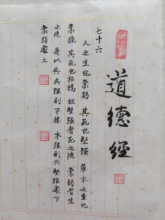 《道德经》 第七十六章
一、原文+拼音
人之生也柔弱,其死也坚强。
rén zhī shēng yě róu ruò ,qí sǐ yě jiān qiáng
万物草木之生也柔脆,其死也枯槁。
wàn wù cǎo mù zhī shēng yě róu cuì ,qí sǐ yě kū gǎo
故坚强者死之徒,柔弱者生之徒。
gù jiān qiáng zhě sǐ zhī tú ,róu ruò zhě shēng zhī tú
是以兵强则灭,木强则折。
shì yǐ bīng qiáng zé miè ,mù qiáng zé zhé
强大处下,柔弱处上。
qiáng dà chǔ xià ,róu ruò chǔ shàng
二、逐句解释
1. 人之生也柔弱,其死也坚强。
解释:人活着的时候筋骨肌体柔软和顺,等到死亡之后,身体就会变得僵硬刚强。
2. 万物草木之生也柔脆,其死也枯槁。
解释:世间万物和草木存活时枝干柔嫩有韧性,一旦凋零死去,就会变得干枯僵硬、毫无生机。
3. 故坚强者死之徒,柔弱者生之徒。
解释:所以凡是坚硬刚强的事物,都属于走向衰亡的一类;凡是柔和谦下的事物,都属于保有生机、长久存续的一类。
4. 是以兵强则灭,木强则折。
解释:因此依仗武力逞强好战的军队,容易走向覆灭;树木长得太过坚硬僵直,反而容易被狂风折断。
5. 强大处下,柔弱处上。
解释:自恃强硬、盛气凌人的人,往往处在劣势低位;懂得柔和忍让、低调谦和的人,反而占据上风、安稳立身。
三、感悟
这一章以人和草木生死的体态作喻,点明柔弱为生、坚强为死的自然大道。世间万物,生机皆蕴藏在柔韧谦和之中,固执强硬、锋芒太露,往往是衰败的征兆。做人处世亦是同理,不必事事争强好胜、咄咄逼人,太过刚硬容易伤人伤己,还会招致祸患与纷争。真正的强大,不是蛮横逞强,而是内心沉稳包容,待人留分寸,处事懂迂回。学会低调守拙、以柔克刚,遇事不执拗、待人不刻薄,保持内心的柔软与谦卑,既能保全自己,又能维系人缘,在安稳从容中走过人生长路,这也是修身立身最好的智慧。#道德经#写字是一种生活 #朗诵 #原创#国学文化