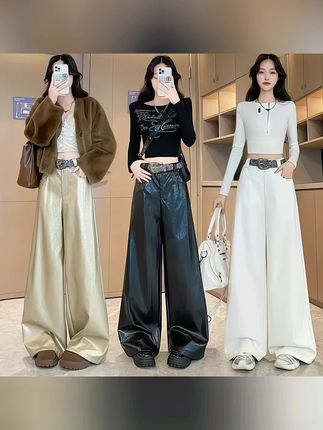 美式街头风pu皮裤女2025秋冬新款高腰直筒显瘦时尚高级感阔腿长裤#阔腿裤#皮裤女#直筒