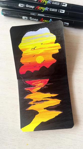 丙烯马克笔绘画/夕阳风景 #跟着抖音学画画 #零基础学画画 #丙烯马克笔 #风景画