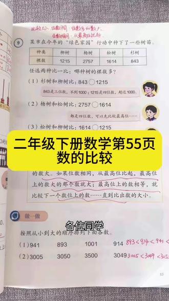 二年级下册数学课本第55页,大数比大小#二年级 #二年级数学课本#小学数学#二年级数学 #小学二年级数学知识点