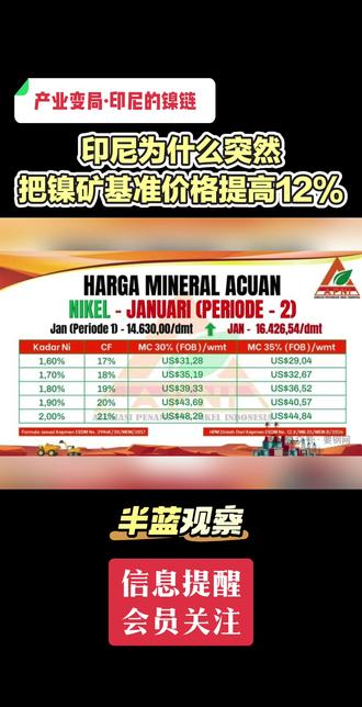 印尼突然提升镍矿基准价格12% #创作者中心 #创作灵感 #印尼 #镍 #大宗商品 印尼和上期所为什么对镍价拉扯对冲