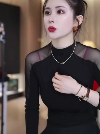 【AS美杜莎】25半高领网纱拼接性感微透修身弹力上衣 #轻奢女装 #打底衫 #御姐 #显瘦穿搭 #秋冬穿搭