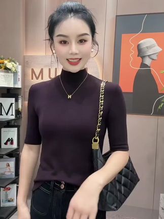 2025新款半高领中袖显瘦内搭打底衫女显身材洋气修身内搭短袖T恤#半高领打底衫#打底衫 #内搭外穿都好看 #谁穿谁好看不分年龄段
