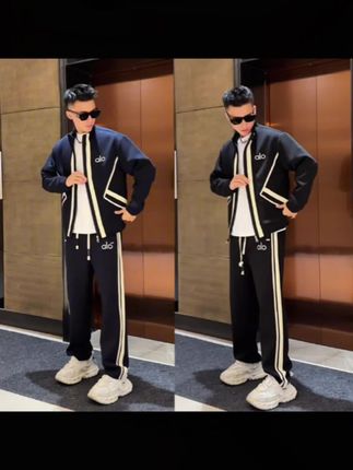 新款休闲#套装 #高级感 拼接立领外套直筒长裤#两件套#穿搭#男生穿搭