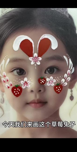 儿童面部彩绘草莓兔子#儿童#彩绘@儿童@彩绘