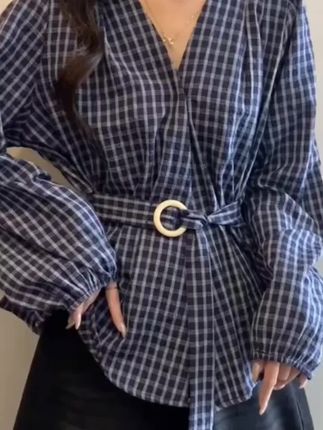 #复古格纹#V领#长袖#衬衫#好物推荐 女春秋新款大码胖mm显瘦高级感长袖女上衣