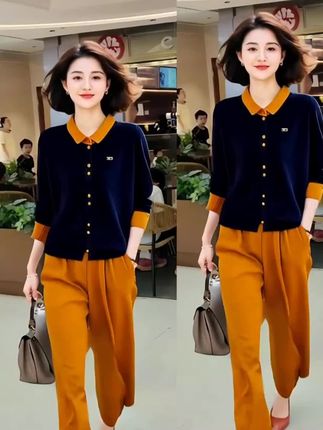 减龄休闲套装#秋季新款韩系撞色针织上衣+松紧腰九休闲套装穿塔#分裤套装#秋款套装 #新款套装 穿措