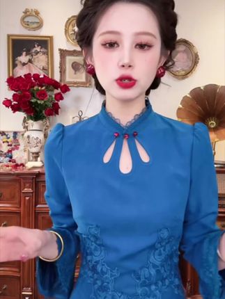 一眼就爱上,一生罗曼【孔雀蓝】秋季新款新中式气质高级感旗袍连衣裙 #高级感穿搭 #旗袍 #连衣裙 #谁穿谁好看系列 #显瘦穿搭
