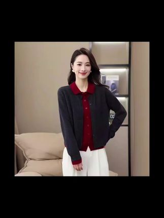 时尚翻领拼色设计感减龄针织衫女秋季新款假两件毛衣通勤外套上衣#百搭款