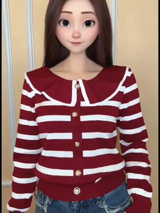 #dou上热门 撞色娃娃领条纹针织衫女秋冬时尚学院风软糯显瘦毛衣气质百搭上衣