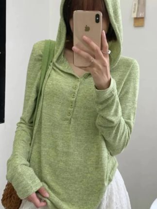 #v领连帽上衣 【有运费险】慵懒宽松百搭半开襟针织T恤女早秋V领连帽外搭上衣N#连帽上衣#针织t恤 #外搭上衣 #慵懒风上衣