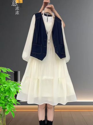 #强烈推荐 2025早秋新款净版长袖A摆连衣裙+明线马甲大码女装两件套7179#宽松有范 #遮肉显瘦穿搭 #减龄显瘦穿搭 #美爆了