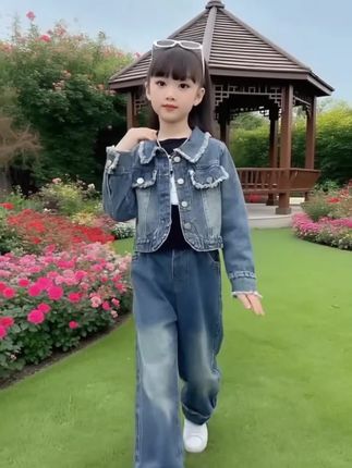 女童套装秋季新款洋气韩版中大童两件套小女孩外套牛仔阔腿裤潮#每日童装穿搭分享 #儿童穿搭分享 #牛仔穿搭 #生女儿就要这样穿 #131313