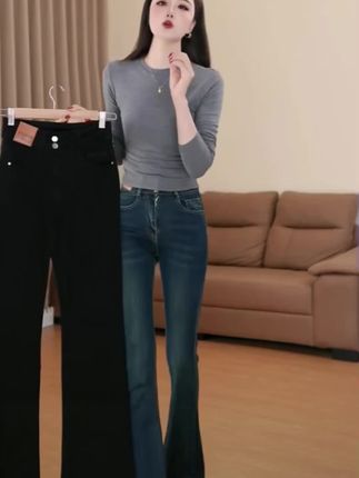 #复古蓝双排扣微喇牛仔裤女2025年秋季新款高腰修身显瘦裤加绒加厚#时尚穿搭 #美出高级感