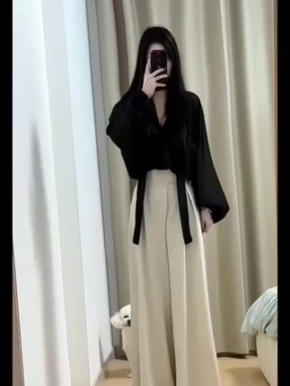 2025早秋搭配一整套法式高级感黑色上衣高腰阔腿裤职业两件套装女