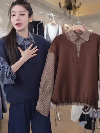 欧洲站2025秋装新款欧货假两件卫衣拼接格子长袖衬衫女春秋衬衫潮#衬衫 #百搭上衣 #衬衫穿搭 #面料柔软舒适 #休闲穿搭