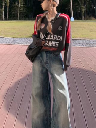 #NORNLGGER美式复古高腰牛仔裤女早秋2025新款显瘦宽松弯刀阔腿裤