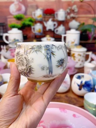 高端冰种羊脂玉瓷金竹报福杯#茶生活 #主人杯 #全手工制作