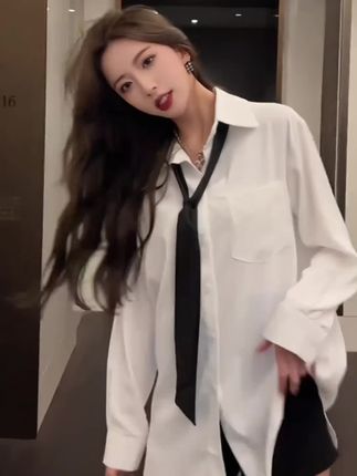 2025春秋季新款学院风领带宽松白衬衣女高级感别致中长款衬衫上衣#爆款热卖中 #衬衫女
