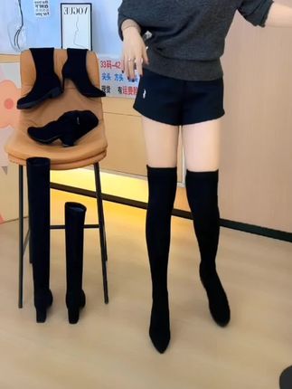 【尖头】显瘦显高过膝长靴女2025秋冬高跟长靴粗跟不掉筒弹力瘦瘦靴#瘦瘦靴#过膝长靴#长筒靴