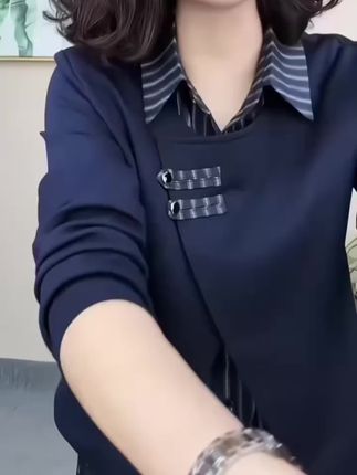 气质翻领女装时尚套装假两件早秋休闲风拼接显瘦洋气长袖#时尚妈妈装 #洋气衬衫#显瘦穿搭 #百搭上衣 #时髦穿搭