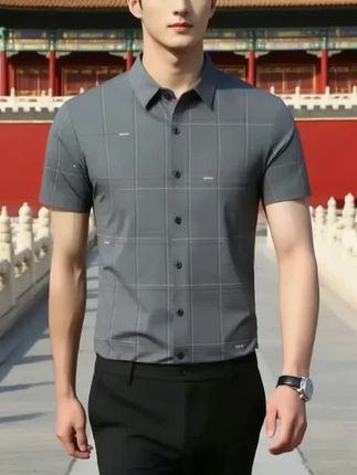 罗蒙无痕冰丝短袖衬衫男士夏季新款休闲商务格子衬衣中年薄款上衣#时尚 #男装 #帅气 #气质穿搭 #热门