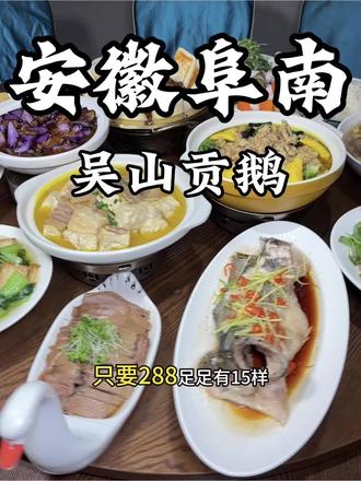在阜南请客吃饭就来建材大市场的吴山贡鹅,满满一桌足足15样只要288,荤素热凉统统都有#吴山贡鹅 #家常菜 #好吃不贵 #同城好店推荐 #诺枫传媒