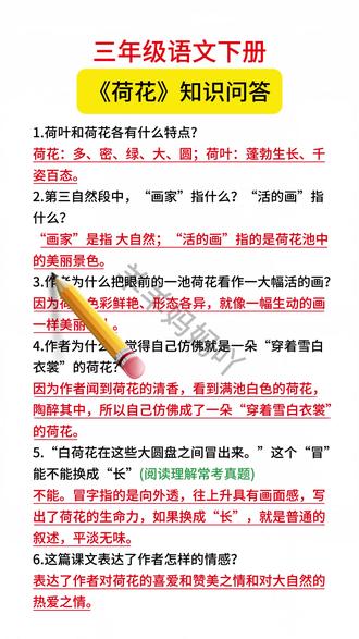 #三年级语文下册 《荷花》知识点问答#知识点总结 #知识分享 #学霸秘籍 #家长必读