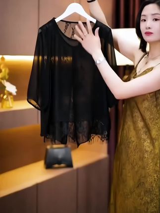 大码网红时尚显瘦气质百搭夏季镂空洋气复古减龄休闲文艺圆领上衣#夏季穿搭 #减龄气质 #高级感穿搭 #穿搭 #ootd穿搭