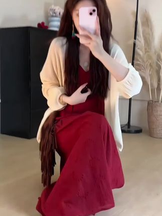 大码女装2025秋季新款气质吊带连衣裙韩版宽松遮肉开衫显瘦长裙#吊带#气质#韩版#宽松#显瘦